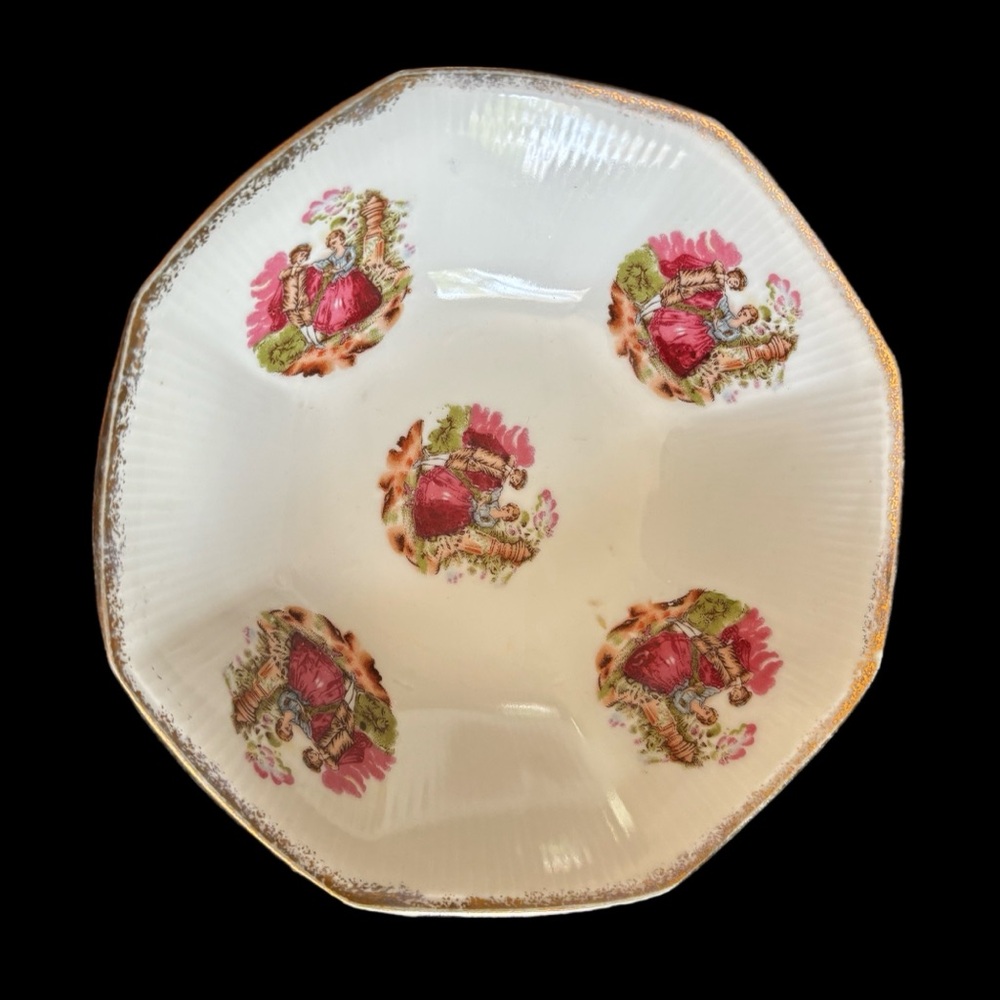 Vintage Victorian Courting Couple Octagonal Bowl  8" Across 3” Tall Gold Trim